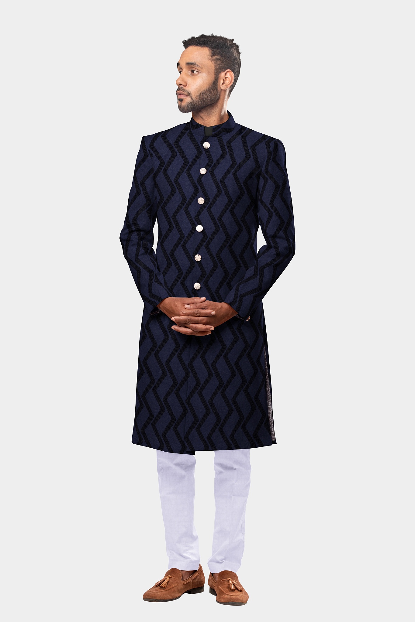 Dark Blue Embroidery on Brilliant Blue Base Sherwani 128JK